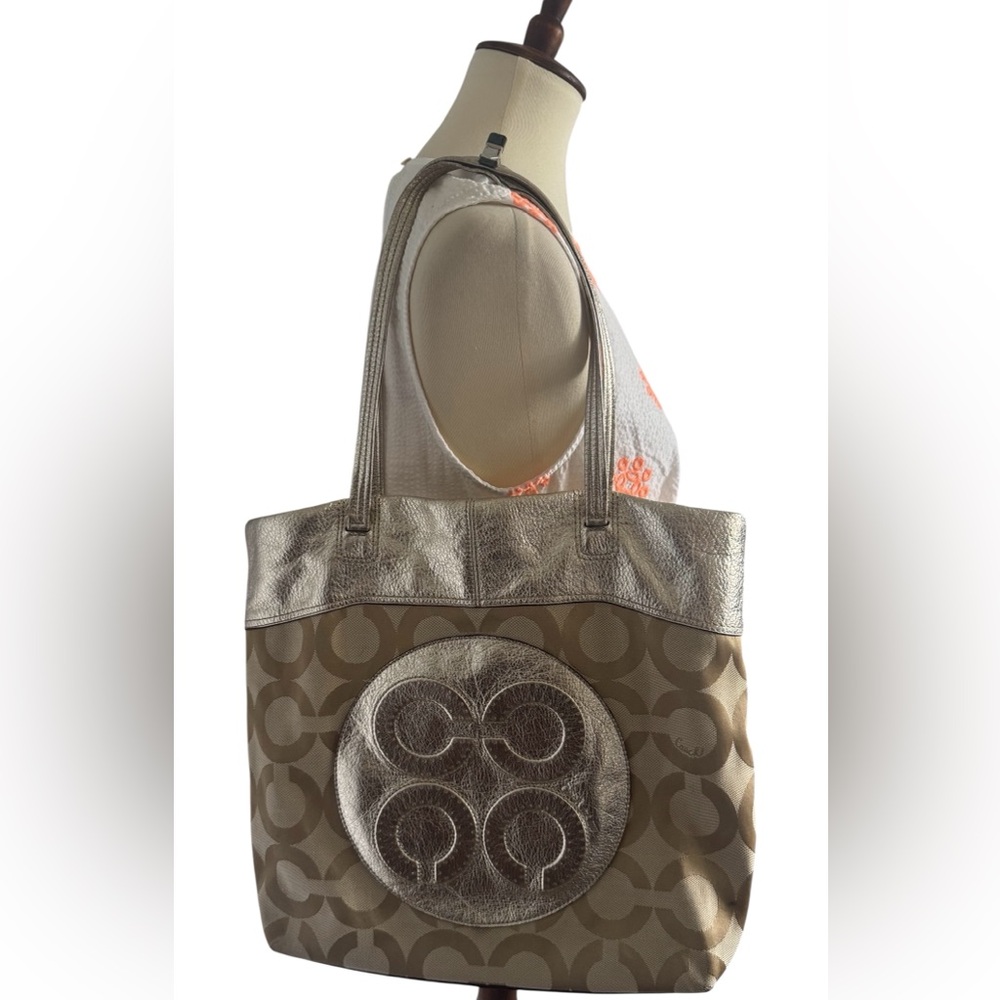 Coach Julia Op Art Signature Khaki Gold Leather Shoulder Bag Tote **READ** - Picture 16 of 16